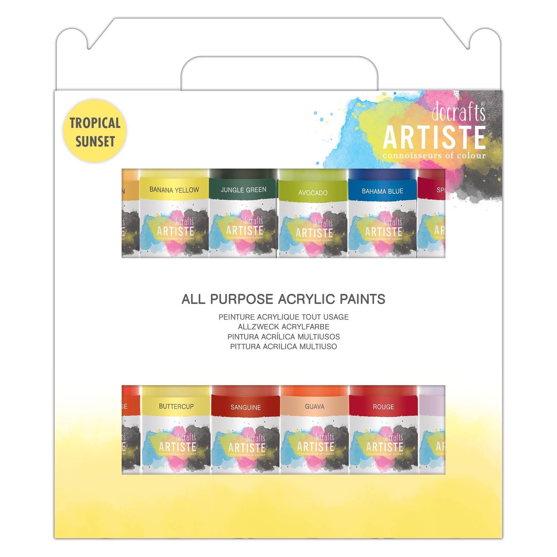 Artiste Acrylfarben-Set, 12 Stück x 59 ml – Tropische Sonnenuntergangsfarben, schnelltrocknende Künstlerfarbe für Kunst und Hobbyhandwerk, Farben auf Wasserbasis decken Oberflächen mit Leichtigkeit ab, ideal für reisende Künstler