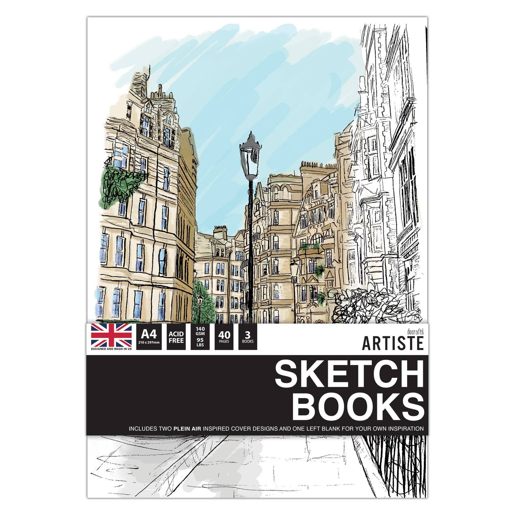Artiste A4 Sketchbooks - Plein Air Notebooks - Pack of 3 For Drawing, Sketching, Doodling, Writing And Scrapbook Designs With Mixed Media, Pen, Ink, Painting And More