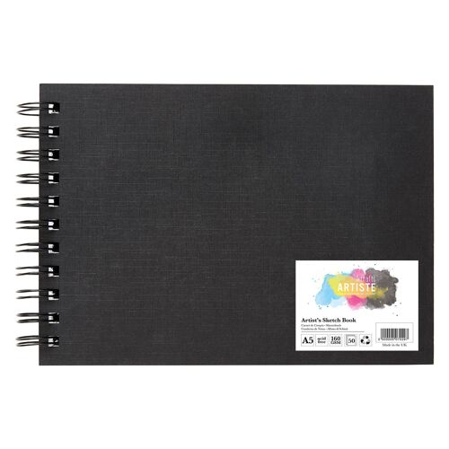 Artiste Sketchbook Hardback 160gsm, 50 Sheets, White, A5, Landscape Wiro, Ideal Sketch Pad for Adults, Art Notebook for Artists and Kids, Creative Book for Paint, Pencil and Colouring