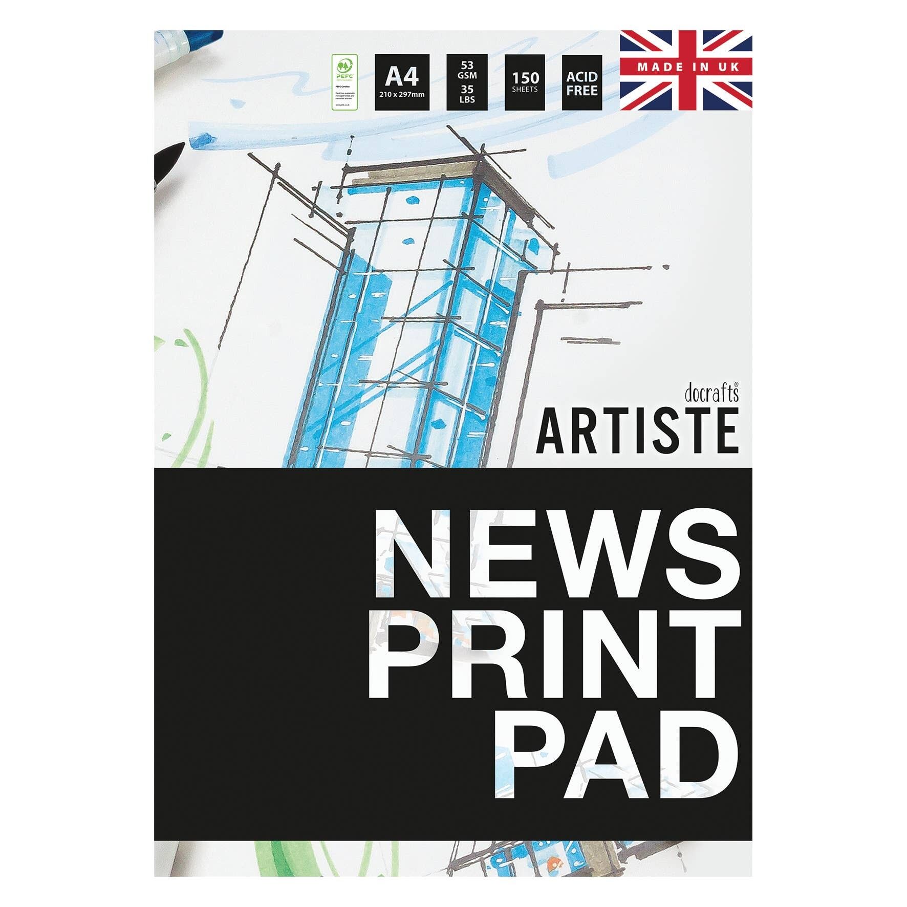 Artiste Newsprint Pad, 53 g/m2, 150 hojas, gris, A4, cuaderno de bocetos ideal para adultos, cuaderno de arte para artistas y niños, libro creativo para pintar, lápiz y colorear