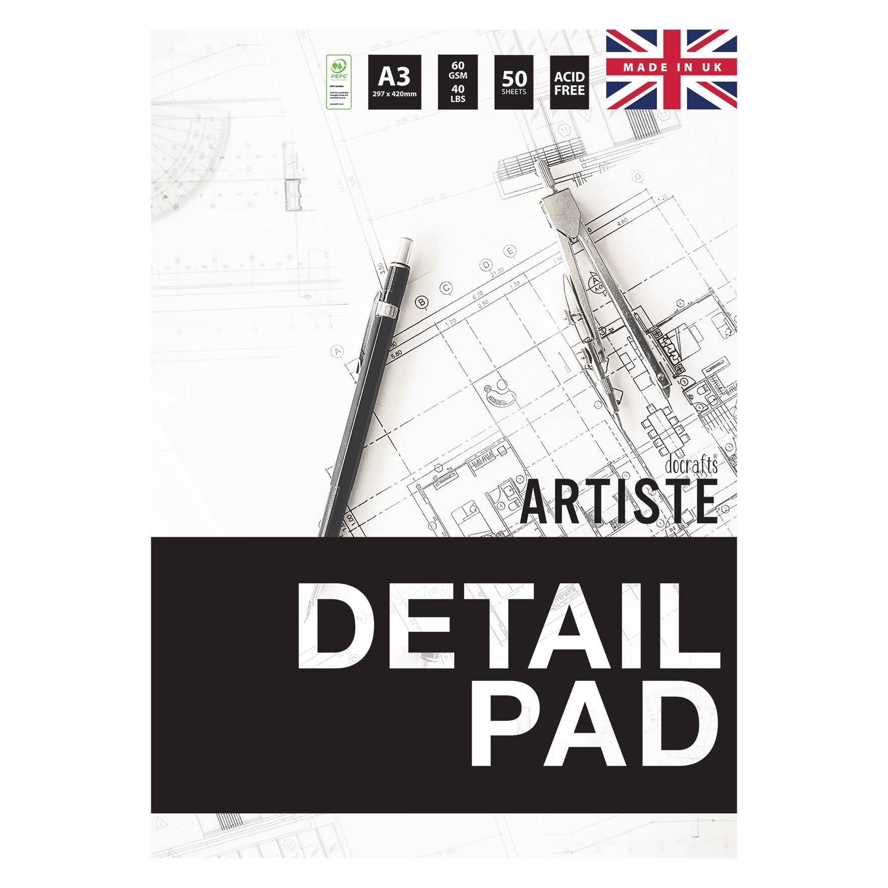 Bloc de papier Artiste Detail, 60 g/m², 50 feuilles, blanc, A3, carnet de croquis idéal pour adultes, carnet d'art pour artistes et enfants, livre créatif pour dessin, papier de couture et papier à croquis
