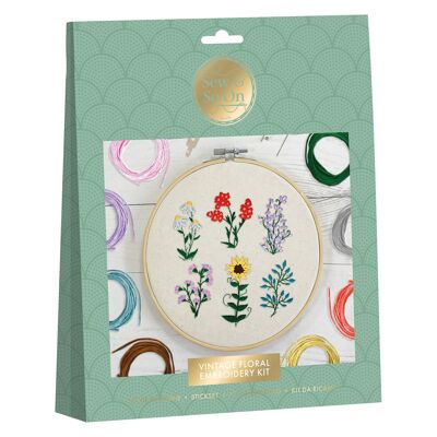 Sew & So On Kit de costura premium para manualidades con bordado floral vintage, hilos de colores crean diseños impresionantes, para adultos principiantes o experimentados, regalo perfecto para manualidades, incluye todos los accesorios