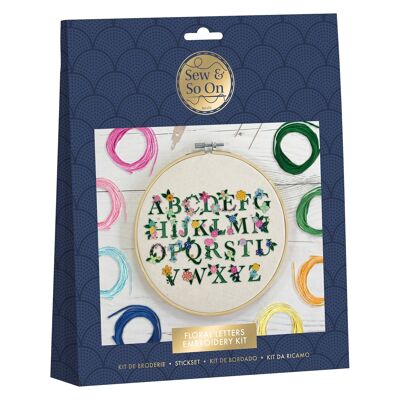 Sew & So On Kit de costura premium para manualidades con bordado de letras florales, hilos de colores crean diseños impresionantes, para adultos principiantes o experimentados, regalo perfecto para manualidades, incluye todos los accesorios