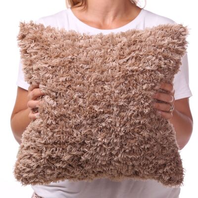Brown hand knit pillow from faux fur featherly pillow, brown back