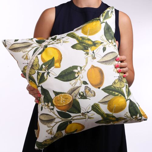 Lemons and birds pattern accent pillow, lace decoration