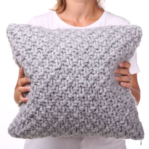 Hand knit wool accent pillow, color gray