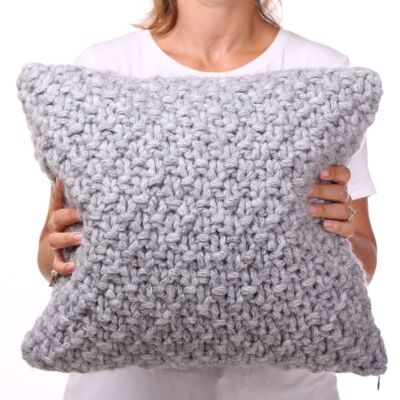 Coussin décoratif en laine tricoté à la main, couleur gris