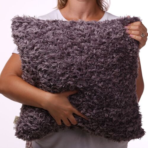 Graphite hand knit faux fur featherly yarn throw pillow 18”