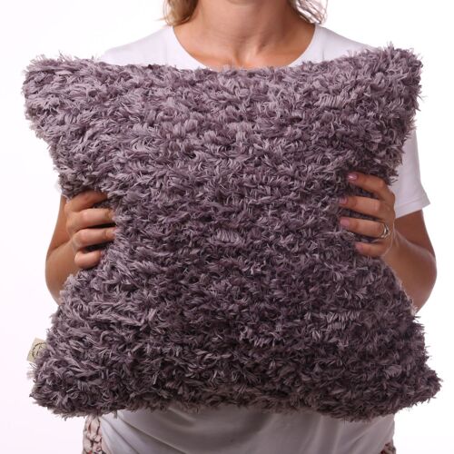 Graphite hand knit faux fur featherly yarn throw pillow 16”