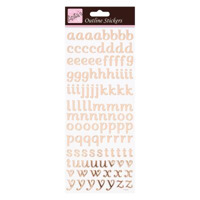 Adesivi con contorni di Anita, Scrittura alfa minuscola, Oro rosa su bianco, Per Scrapbooking, Creazione di cartoline, Gioco per bambini, Compiti a casa, Arte, Artigianato, Abbellimento, Decorativo, Carta, Cartoncino, Vetro, Metallo, Plastica, Schiuma