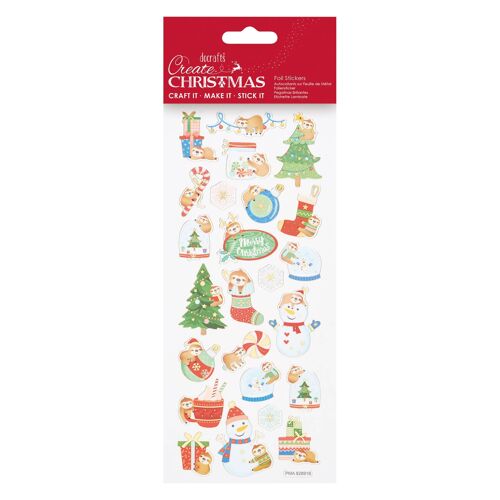 Create Christmas Foil Stickers, Christmas Sloths, Multicoloured, Single Sheet, Christmas Stickers for Children & Adults, Ideal Labels for Card Making and Craft, Kids Sticker Book & Scrapbook Stickers