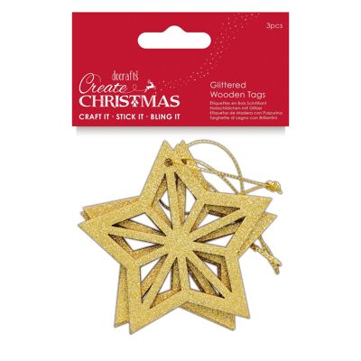 Create Christmas Glittered Wooden Tags, Star, Gold, Pack of 3, Craft Supplies for Home Christmas Craft and Craft Projects, Ideal for Festive Crafts for Kids and Adults