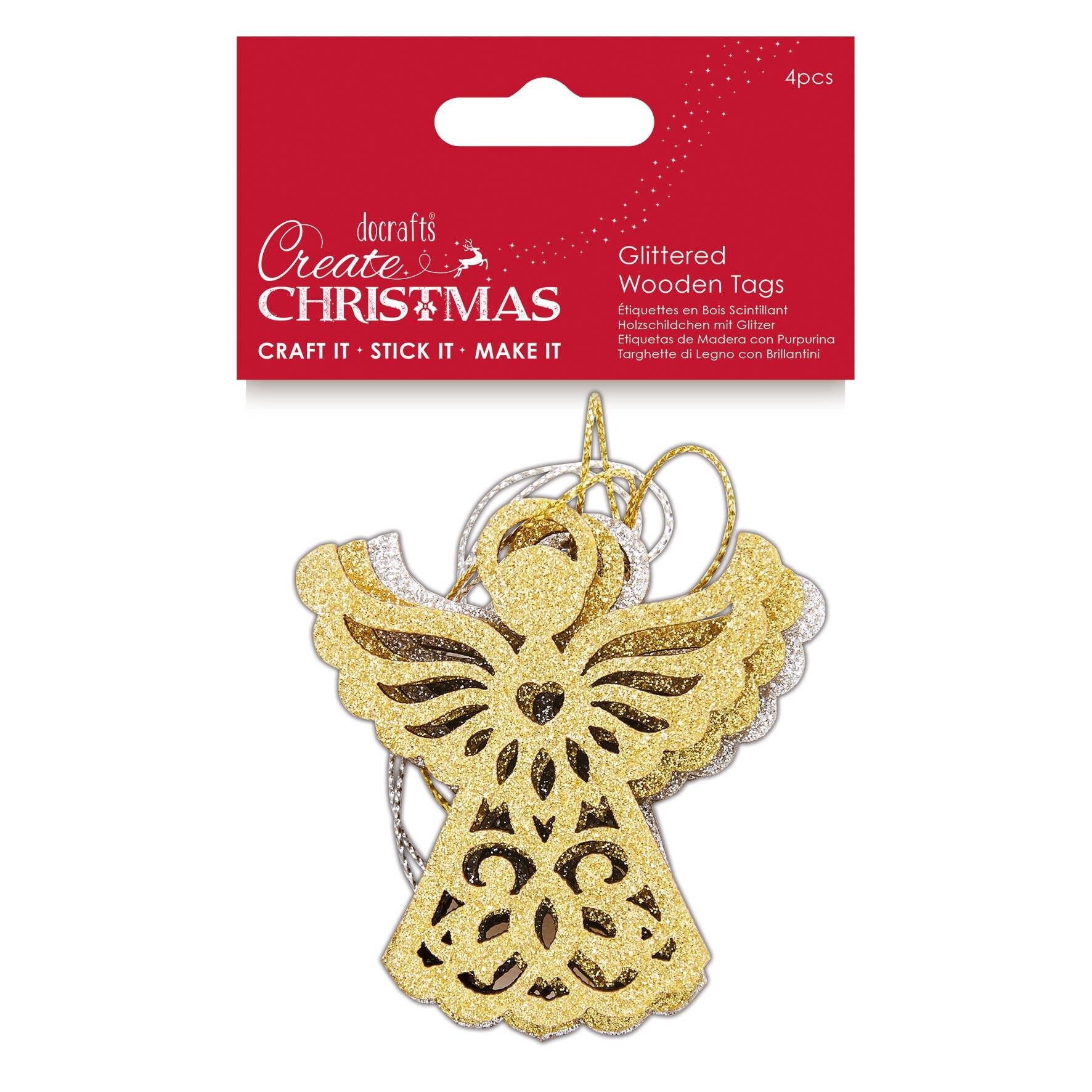 Crea targhette natalizie in legno glitterate, angelo, oro/argento, confezione da 4, forniture artigianali per la casa, progetti di artigianato e bricolage natalizi, ideali per lavoretti festivi per bambini e adulti