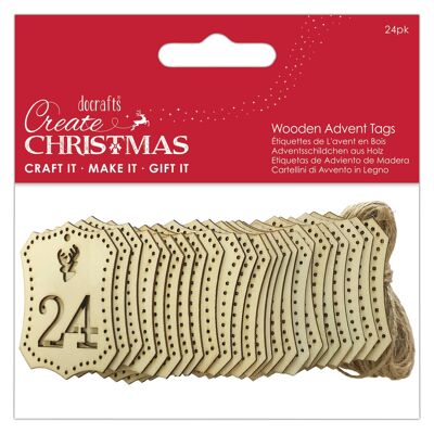 Create Christmas Étiquettes de l'Avent en bois, marron, paquet de 24, fournitures d'artisanat pour les projets d'artisanat et d'artisanat de Noël à la maison, idéales pour les travaux manuels festifs pour enfants et adultes