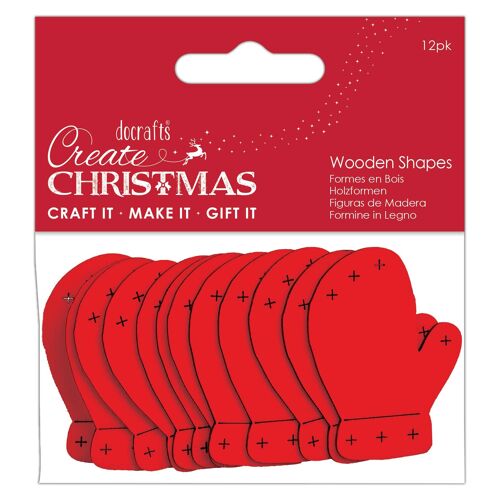 Create Christmas Wooden Shapes, Mittens, Red, Pack of 12, Suitable for Home, Wood Paint, Wooden Toys and Card Craft, Ideal for Christmas Decorations and Card Making Supplies