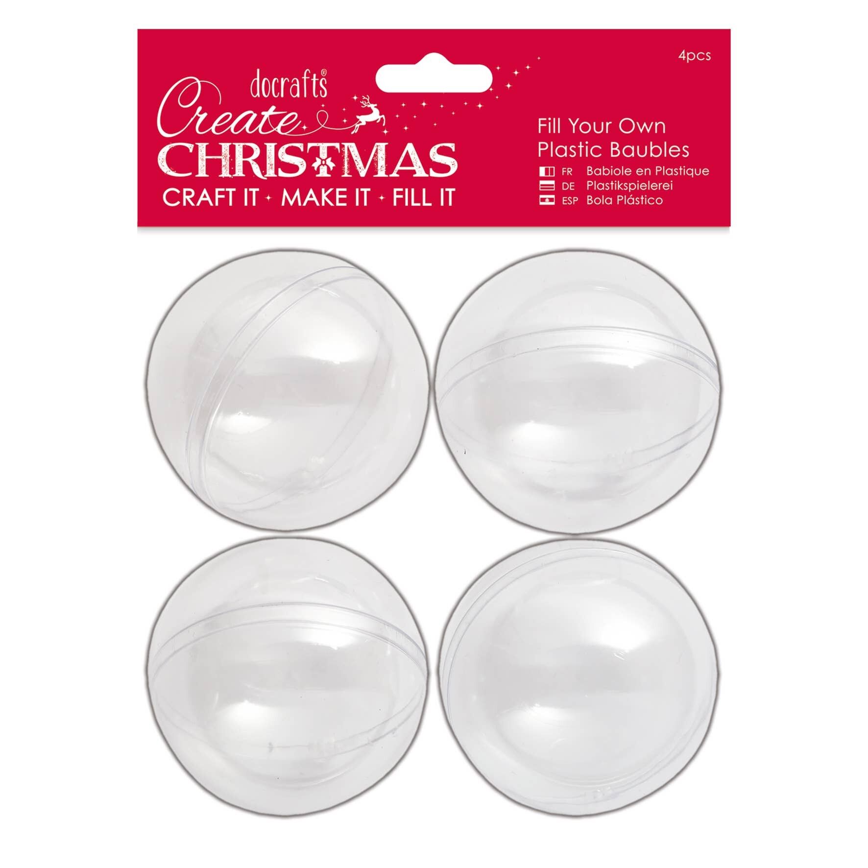 Create Christmas Plastic Fillable Baubles, Pack of 4, Clear, 70mm, Fill and Paint your Own Bauble for Christmas, Make your Own Christmas Home Decoration for the Christmas Tree