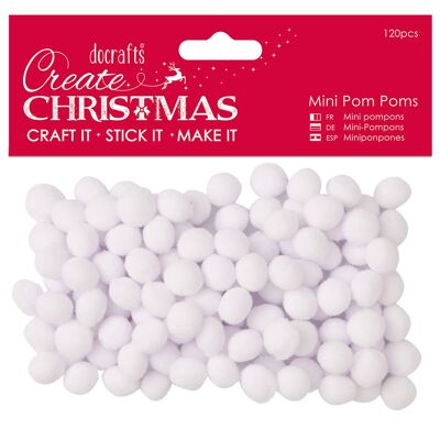 Create Christmas Mini Pom Poms, Blanco, Paquete de 120, Suministros para manualidades para proyectos de manualidades y manualidades navideñas en el hogar, Ideal para manualidades festivas para niños y adultos