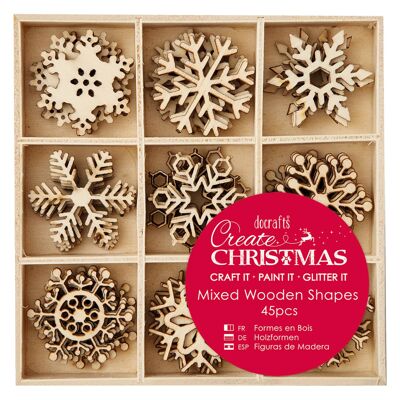 Create Christmas Petites formes mixtes en bois, flocons de neige, marron, lot de 45, convient pour la maison, la peinture sur bois, les jouets en bois et l'artisanat de cartes, idéal pour les décorations de Noël et les fournitures de fabrication de cartes.