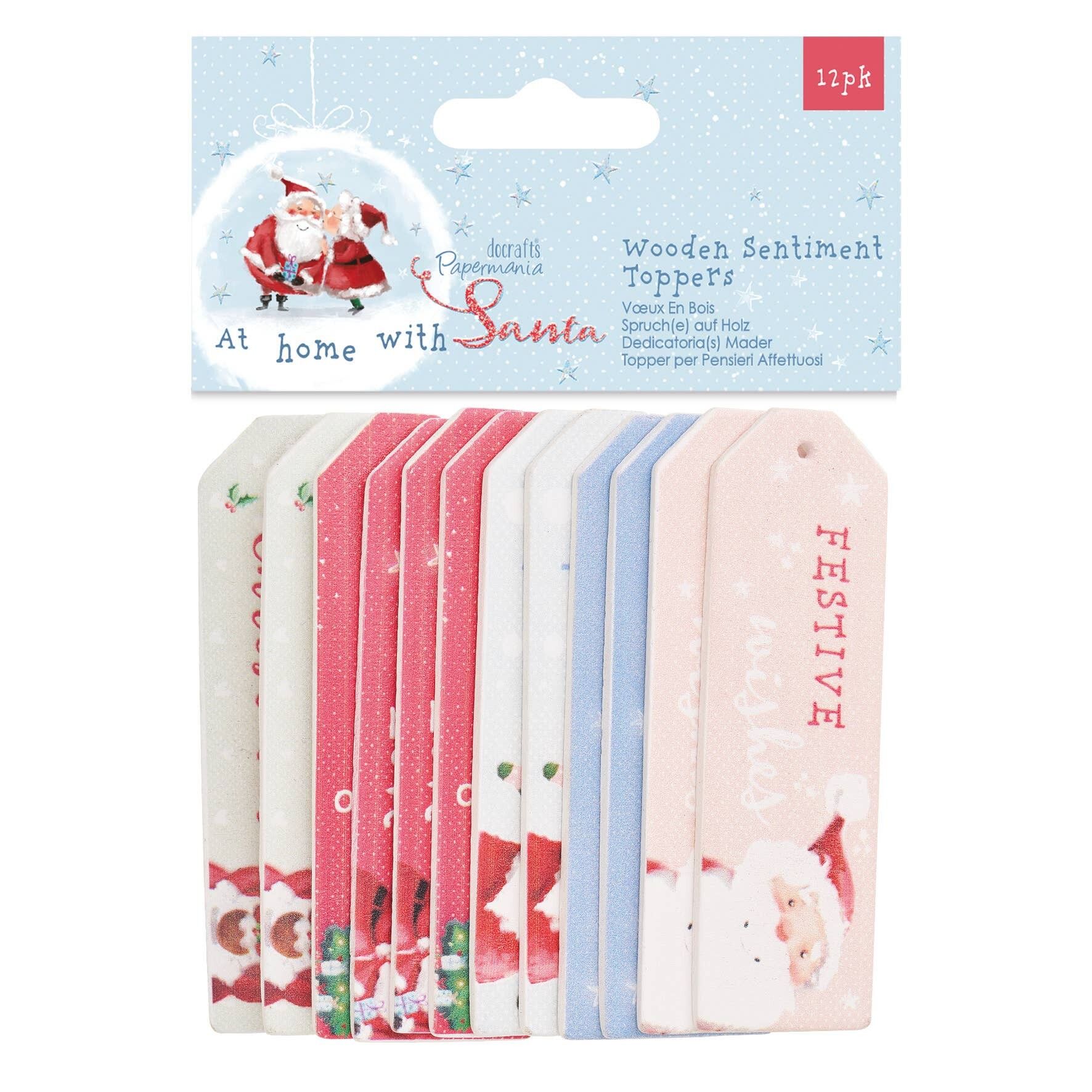 Papermania At Home With Santa Wooden Sentiment Toppers, Multicoloured, Pack of 12, Papercrafting Topper for Cards and Scrapbooks, Grab your Card Making Supplies to Combine with this Ready-Made Topper