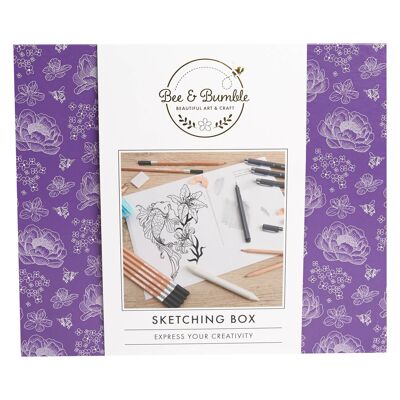 Bee & Bumble Sketching Box Juego de suministros para arte y manualidades, ideal para adultos y niños mayores, perfecto para dibujar, garabatear, dibujar, colorear y más con carbón, pintura, lápices, bolígrafos y grafito