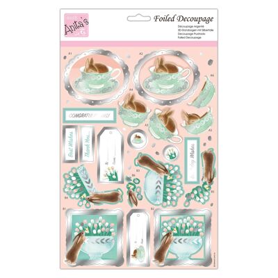 Anita's A4 Tea Cup Bunny Foiled Decoupage Sheet, Accessories Supplies For Craft, Paper Craft, Scrapbooking, Card Making, Origami, Ideal for Adult Craft, Adds Textured Pattern To Craft Projects