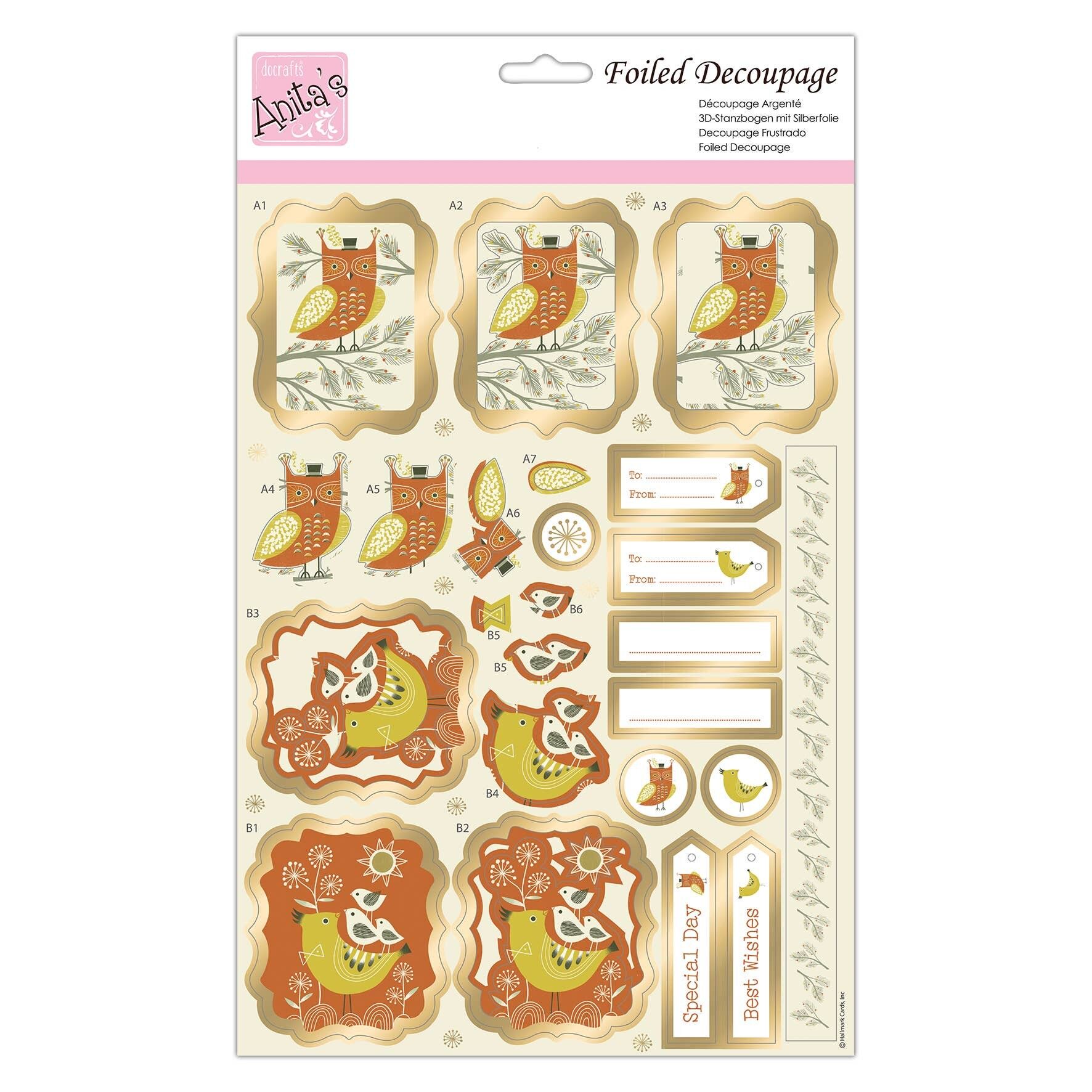 Anita's A4 It's A Hoot Hoja de decoupage laminada, accesorios para manualidades, manualidades en papel, álbumes de recortes, creación de tarjetas, origami, ideal para manualidades para adultos, agrega un patrón texturizado a proyectos de manualidades