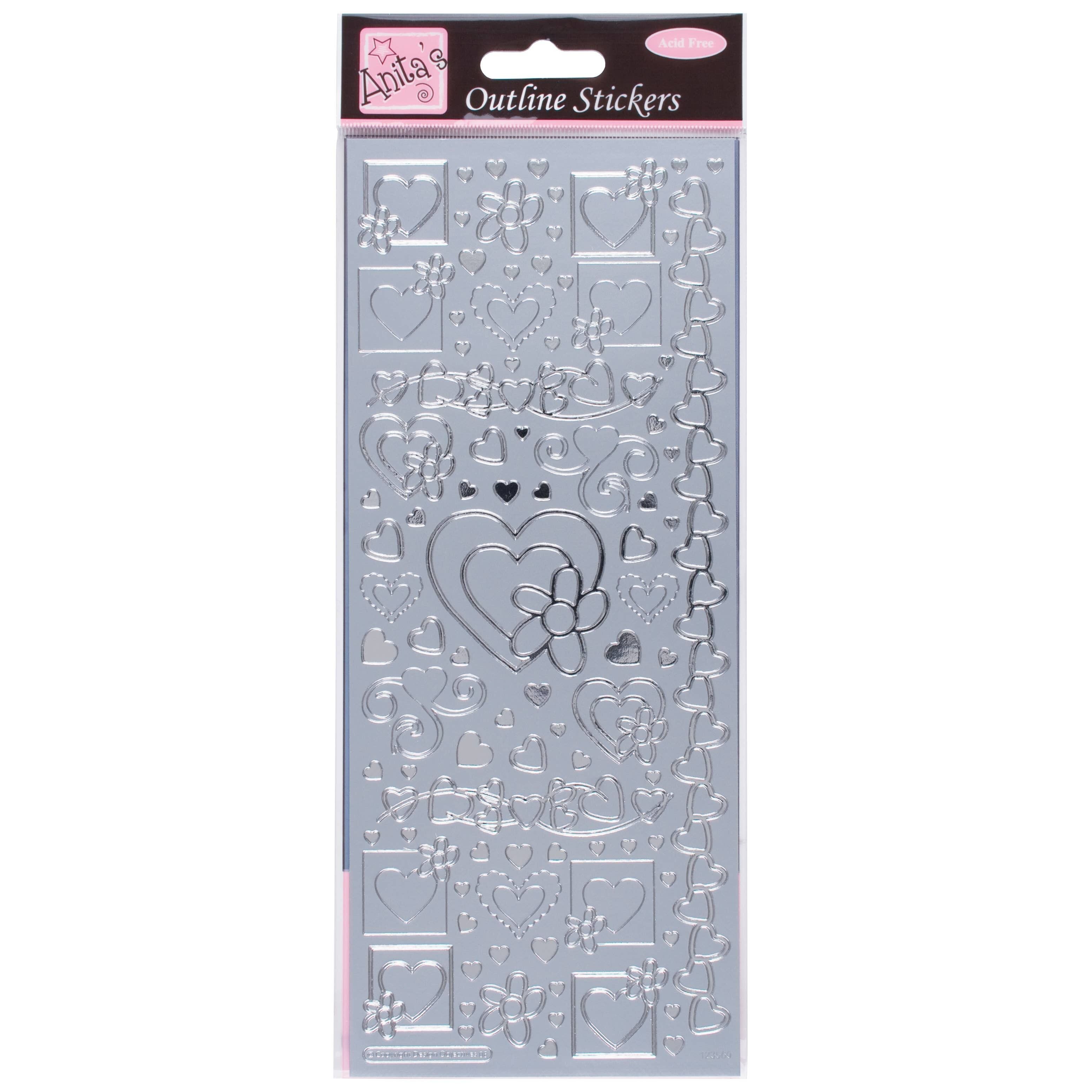Anita's Outline-Aufkleber, Herzen, Silber, für Scrapbooking, Kartenherstellung, Kinderspiele, Hausaufgaben, Kunst, Basteln, Verschönern, Dekorieren, Papier, Karte, Glas, Metall, Kunststoff, Schaumstoff
