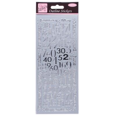 Adesivi con contorni di Anita, Mesi e numeri, Argento, Per scrapbooking, Creazione di biglietti, Gioco per bambini, Compiti a casa, Arte, Artigianato, Abbellimento, Decorativo, Carta, Cartoncino, Vetro, Metallo, Plastica, Schiuma