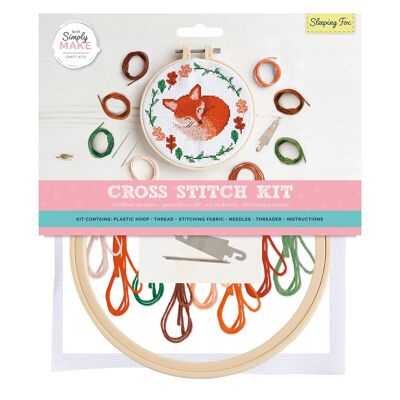 Kit punto croce Simply Make - Design volpe addormentata per bambini e adulti, incluso telaio, filo da ricamo, tessuto e ago - Perfetto per lavoretti per adulti e principianti - Kit punto croce per principianti