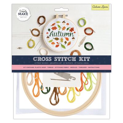 Kit punto croce Simply Make - Design foglie autunnali per bambini e adulti, incluso telaio, filo da ricamo, tessuto e ago - Perfetto per lavoretti per adulti e principianti - Kit punto croce per principianti