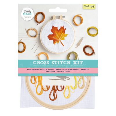 Kit punto croce Simply Make - Design foglia d'acero per bambini e adulti, incluso telaio, filo da ricamo, tessuto e ago - Perfetto per lavoretti per adulti e principianti - Kit punto croce per principianti