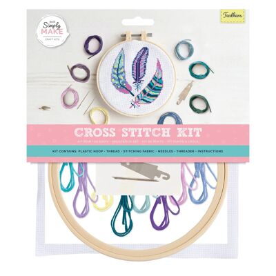 Kit punto croce Simply Make - Design con piume per bambini e adulti, incluso telaio, filo da ricamo, tessuto e ago - Perfetto per lavoretti per adulti e principianti - Kit punto croce per principianti