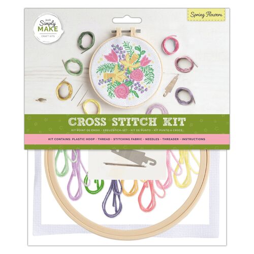 Simply Make Cross Stitch Kit - Spring Flowers Design for Kids and Adults, Including Hoop, Embroidery Thread, Fabric and Needle - Perfect for Adult Crafts and Beginners - Starter Cross Stitch Craft Kit