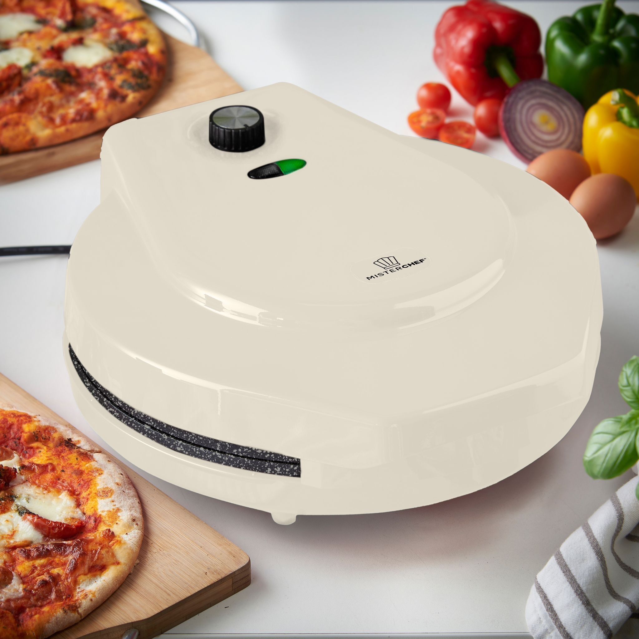 MisterChef Pizzamaker, 1450 W, Keramikplatten, 12 Zoll/30 cm, 2,3 Metall, kostenloses Rezeptbuch, cremefarben