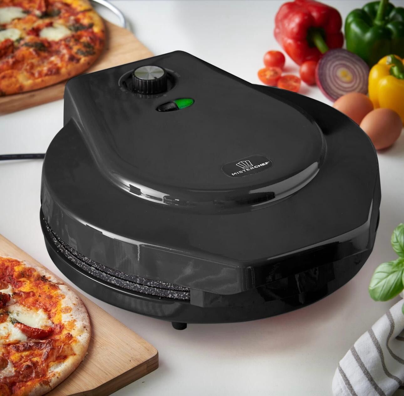 MisterChef Pizzamaker, 1450 W, Keramikplatten, 12 Zoll/30 cm, 2,3 Metall, kostenloses Rezeptbuch, 2 Jahre Garantie, schwarz