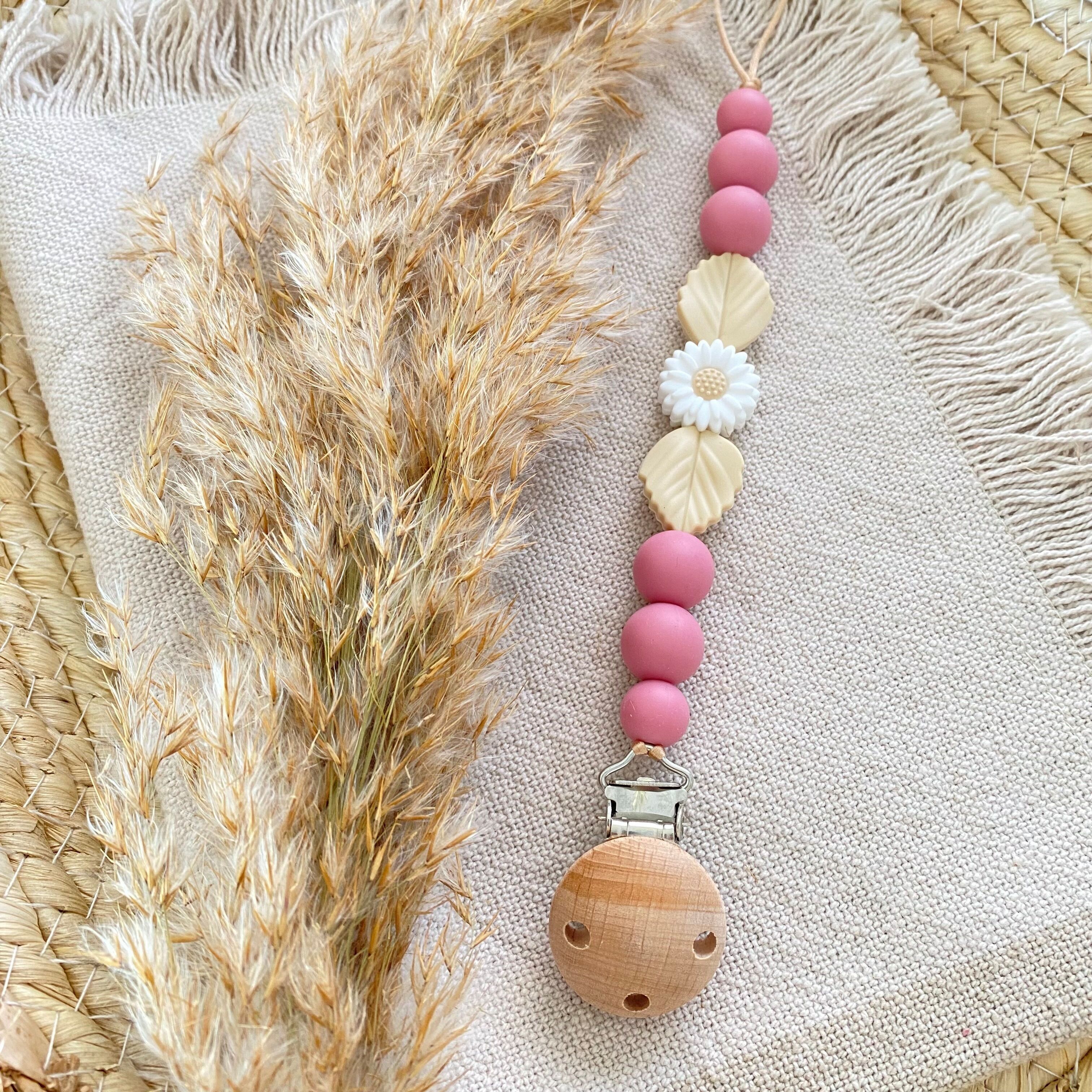 Catenella per ciuccio Fiore Margherita Lampone Bianco