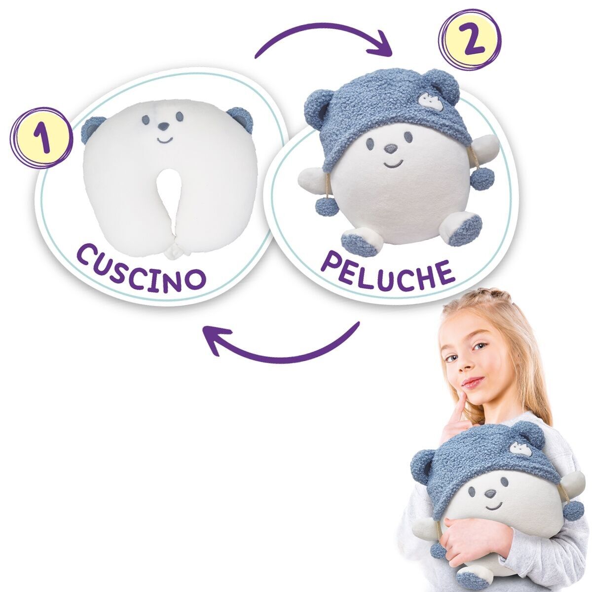 TRAVEL PETS ORSETTO CON CAPPELLO - CUSCINO DA VIAGGIO DIVENTA UN MAXI PELUCHE