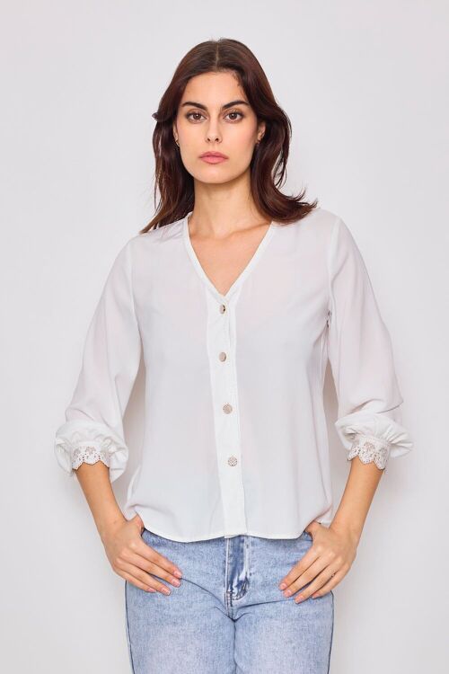 Blouse boutonnée à manches longues avec finition dentelle  - F2623