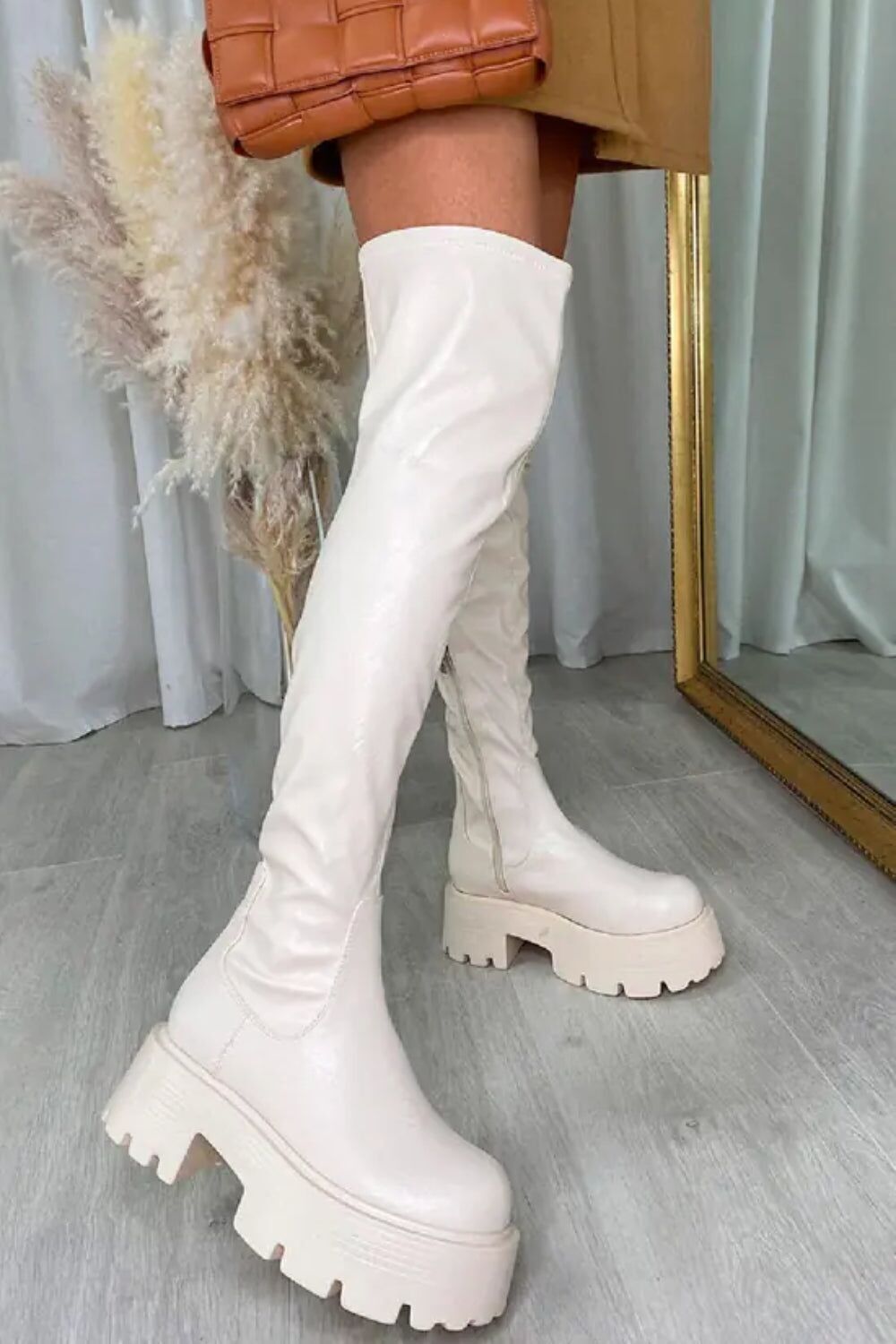 Buy wholesale Cream PU Chunky Chelsea Calf High Boots With