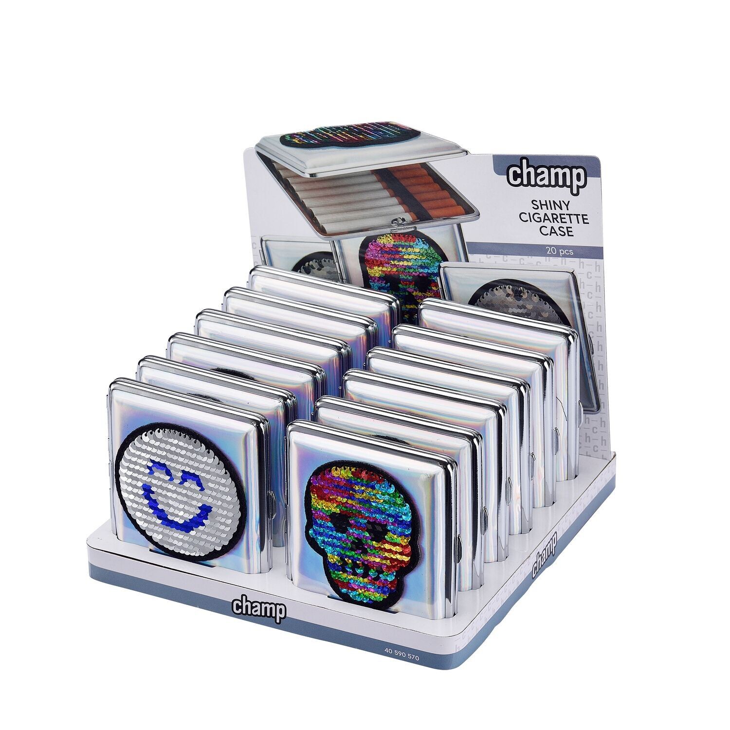 Pailletten-Zigarettenschachtel x12: Smiley und Totenkopf