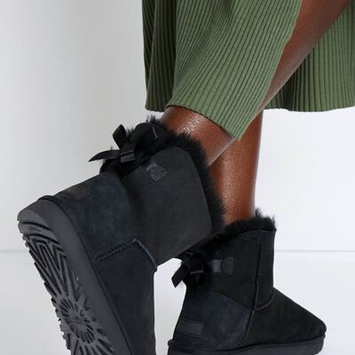 Botas de tobillo con lazo plano forrado de piel negra zapatos de media pantorrilla cálidos de invierno cómodos para la nieve para mujer