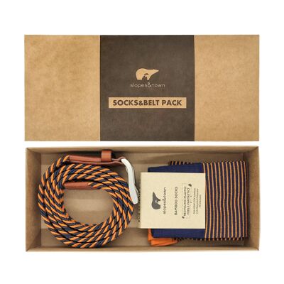 Geschenkbox-Gürtel Emlyn und orange gestreifte Socken