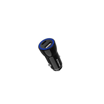 Cargador de coche azul y negro de 12 W con puerto dual tipo A y C