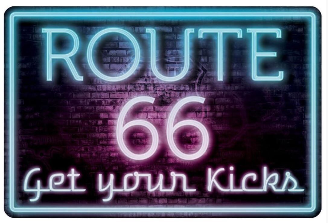 Insegna in alluminio: Route 66 - Get your Kicks - in design al neon