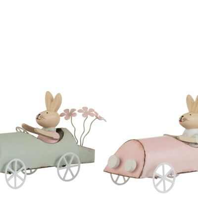 Conejo en coche metal rosa/verde surtido de 2