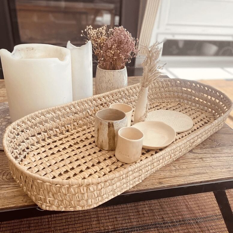 Vassoio da portata in foglia di palma intrecciata a mano - Grande vassoio artigianale marocchino (70 cm x 30 cm)