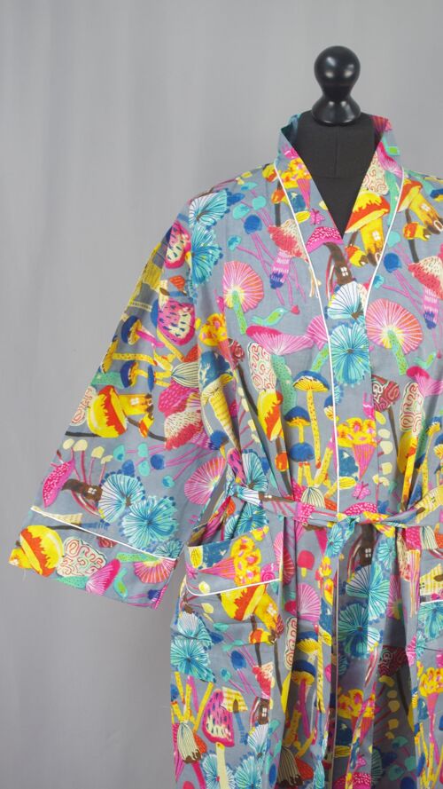 Cotton Kimono Dressing Gown - Multicolored Mushroom On Grey