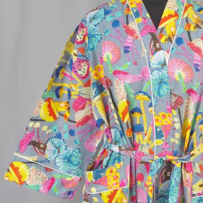 Vestaglia kimono in cotone - Fungo multicolore su grigio