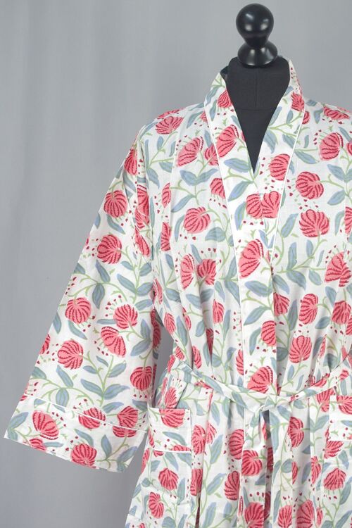 Cotton Kimono Dressing Gown - Red Dandelion On White Base