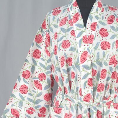 Peignoir Kimono en Coton - Pissenlit Rouge Sur Base Blanche